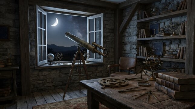 Vintage Observatory Study with Telescope Gaze at Crescent Moonlit Sky