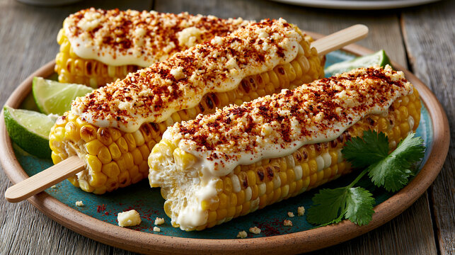 Delicious mexican street corn elote served on plates with chili powder and cheese.