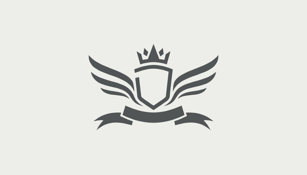 Crest style heraldic logo template featuring a shield with spread wings and a royal crown on a greyish background.