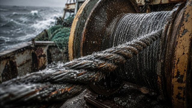 Heavy-duty winch with thick steel cable on a fishing boat deck, surrounded by splashing seawater and rugged equipment, illustrating the challenges of marine operations in rough weather conditions