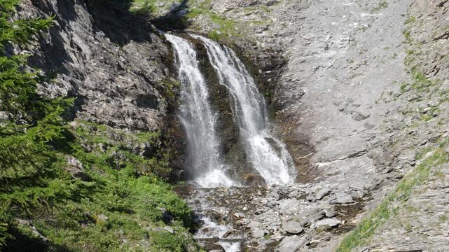 Slow motion: mountain waterfall cascading over rugged rock cliffs in Italian Alps, surrounded by alpine vegetation trees, capturing pristine wilderness during bright summer daylight