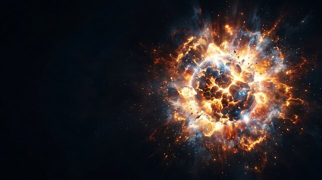 Planet exploding in deep space with fiery debris and cosmic gas