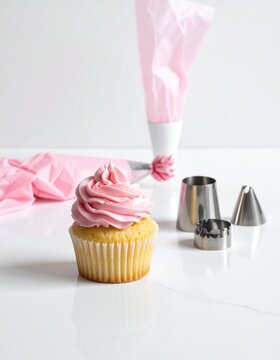 A single cupcake with pink frosting, piping bags, and decorating tips