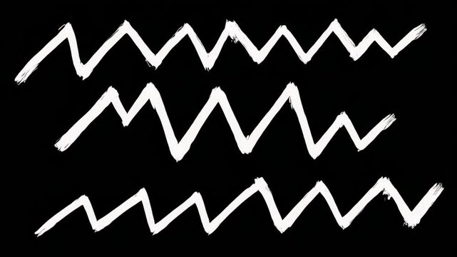 Hand drawn zigzag lines in white on black background with cinematic motion and selective focus for graphic design