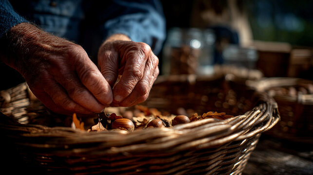 Artisan hands sorting and preparing harvest nuts in wooden basket with agriculture, preparation