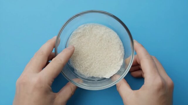 Hands scoop fine powder from clear bowl against bright blue backdrop with soft light