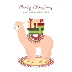 Fototapeta premium Cute Alpaca Christmas Greeting card. Perfect for holiday cards, seasonal greetings, and cheerful winter compositions.