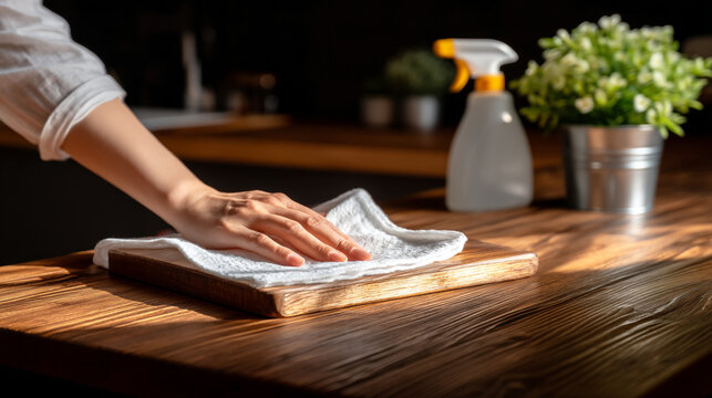 Person cleaning wooden table surface with white cloth and disinfectant spray in bright interior