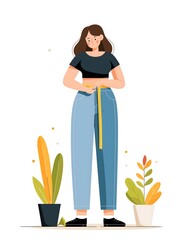 Fototapeta premium modern flat vector illustration of woman measuring waist with tape measure, healthy weight management concept, clean editorial vector style