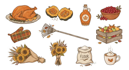 A collection of hand-drawn autumn and Thanksgiving elements including roasted turkey, squash, maple syrup, cranberries, apples, sunflowers, and fall decorations. © hudannrmtqn