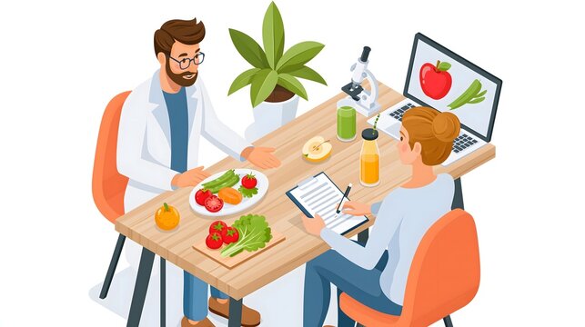 isometric vector illustration of nutrition consultation with dietitian discussing healthy eating plan, premium medical illustration