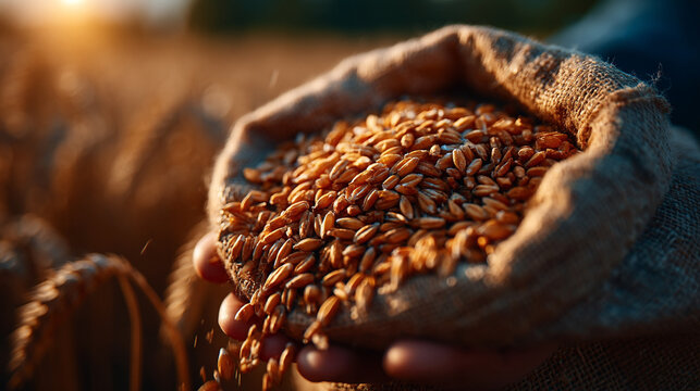 Close-up of farmer hands holding full burlap sack of raw golden wheat grains at sunset