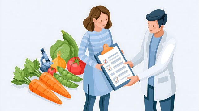 isometric vector illustration of nutrition consultation with dietitian discussing healthy eating plan, premium medical illustration
