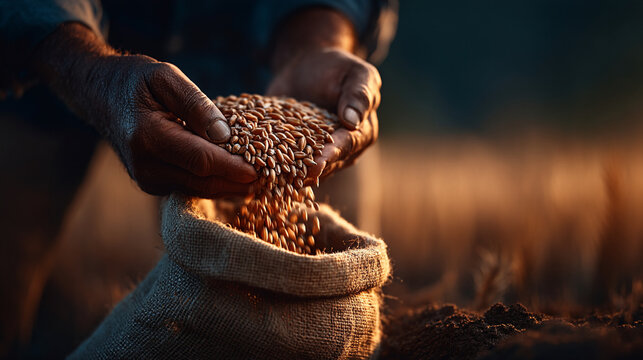 Farmer pouring golden wheat grains from burlap sack into hands in sunset agricultural field