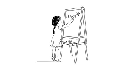 Small schoolgirl writing on a stand chalkboard black and white sketch