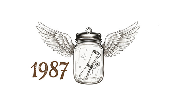 Vintage glass jar with angel wings and paper scroll with year 1987 label