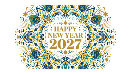Happy New Year 2027: A beautifully designed circular frame in shades of teal, gold, and blue, adorned with intricate patterns, stars, and confetti, surrounds the festive greeting HAPPY NEW YEAR 2027.