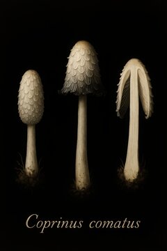 Comprehensive taxonomy photo plate depicting Coprinus comatus with detailed scaly pileus and vertical slice