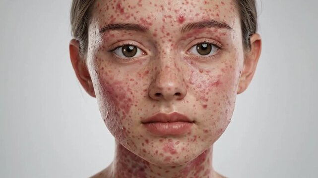 Young woman with severe skin rash and redness on face and shoulders