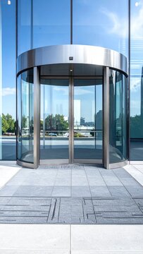 Modern glass revolving door entrance to an office building with blue sky
