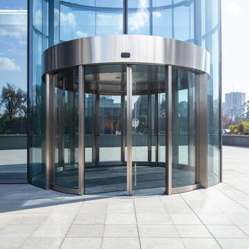 Gleaming glass revolving door on modern building facade