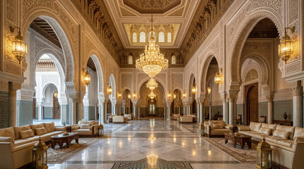 Obraz premium Luxurious Grand Hallway Interior, Moroccan Architecture, Ornate Details, Chandelier