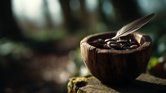 Single feather inside small wooden bowl on tree stump in autumn forest setting with outdoors