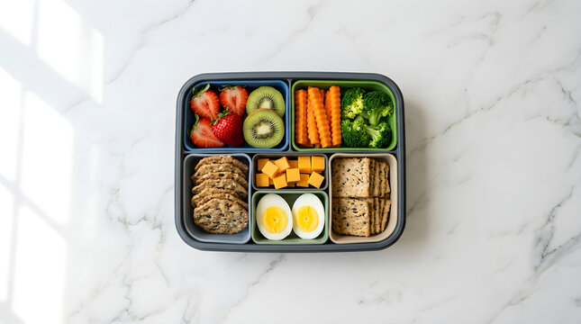 Healthy bento box lunch with fresh fruits vegetables and hard boiled eggs nutrition vegetables container balanced broccoli crackers lifestyle wellness homemade prepared