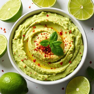 Creamy green dip with chili flakes, basil, and lime wedges