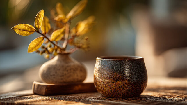 Small textured ceramic tea bowl and a vase with golden foliage on a rustic wooden table