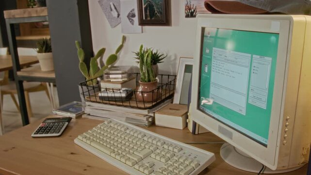 Retro computer workstation sitting on wooden desk displaying vintage green software interface. Footage serves well for nostalgic technology documentaries or retro office marketing campaigns