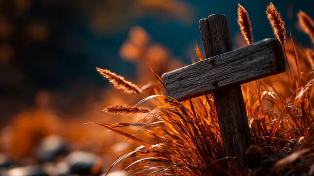 Old weathered wooden cross standing in a field of dry autumn grasses at sunset with golden hour