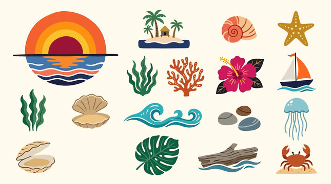 Retro Tropical Sunset Beach Icon Set Palm Hut Crab Vector Illustration