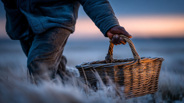 Person holding a wicker basket in a frosty field at twilight with twilight, countryside