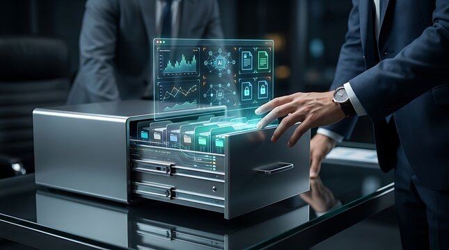 Businessman accessing digital file drawer with futuristic glowing AI data interface for document management and secure corporate archiving
