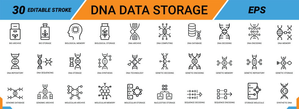 DNA data storage line art icons set, DNA archive, DNA sequencing, Genetic storage, Molecular memory, DNA computing, Synthetic DNA, Web icon, App icon, Outline icon, Editable stroke, line art, Vector