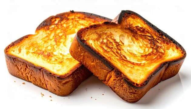 Two slices of golden-brown toast, slightly burnt edges, on white