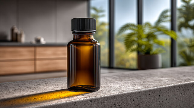Small amber glass bottle with essential oil standing on concrete surface essential wellness