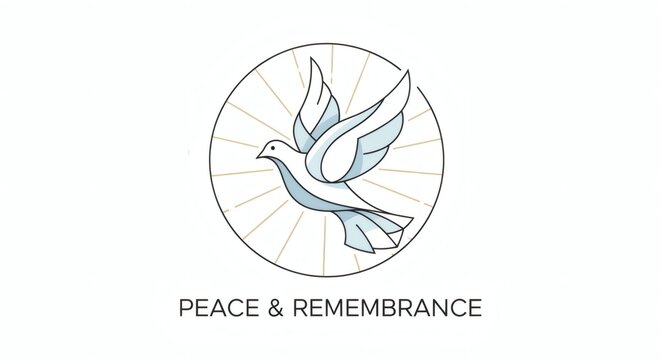 Minimal peace dove emblem with radiant circle symbolizing remembrance, harmony, hope and global humanitarian unity
