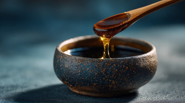 Dark thick honey dripping from wooden spoon into textured ceramic bowl with dripping, culinary