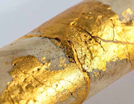 Cracked ceramic object repaired with gold lacquer, highlighting imperfection