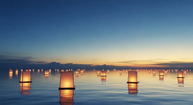 Floating lanterns glowing across calm water at twilight symbolizing remembrance, peace, hope and memorial reflection