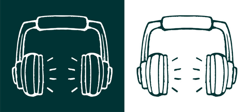 Headphone doodle illustration showcases a hand drawn audio sound listening headset. Modern dj equipment icon graphic for music festival streetwear apparel t-shirt print layout clip art.