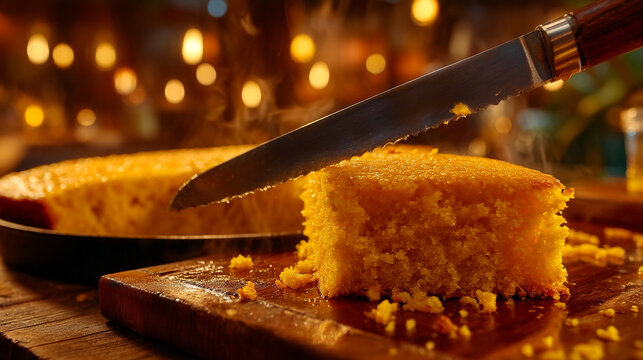 Knife slicing golden cornbread on wooden cutting board with cornbread homemade breakfast