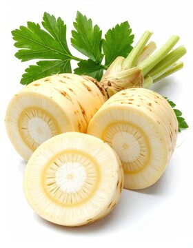 Creamy root vegetables, halved and whole, with green leafy tops