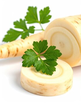 Creamy roots with textured skin and fresh green leaves