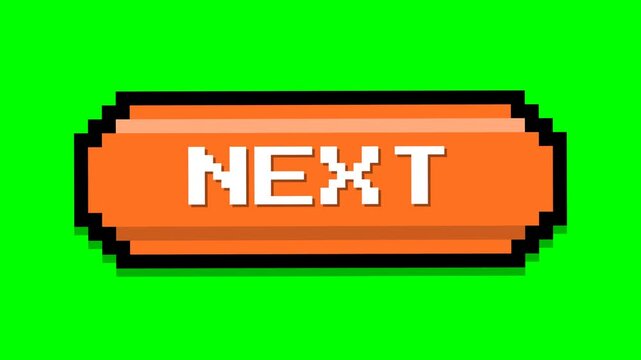 Retro pixel art next button animation on green screen background.