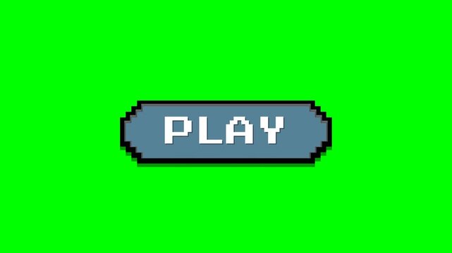 Retro pixel art play button on a green screen background.