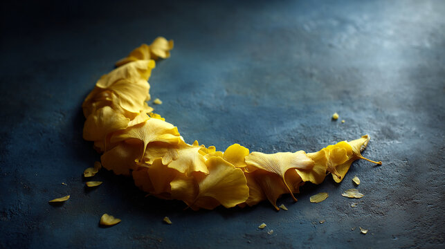 Crispy golden potato chips shaped like a crescent moon on dark blue rustic textured background