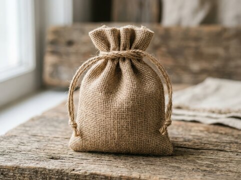 Small rustic burlap drawstring pouch bag sitting on a wooden table in a bright room